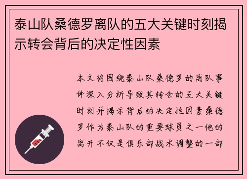 泰山队桑德罗离队的五大关键时刻揭示转会背后的决定性因素